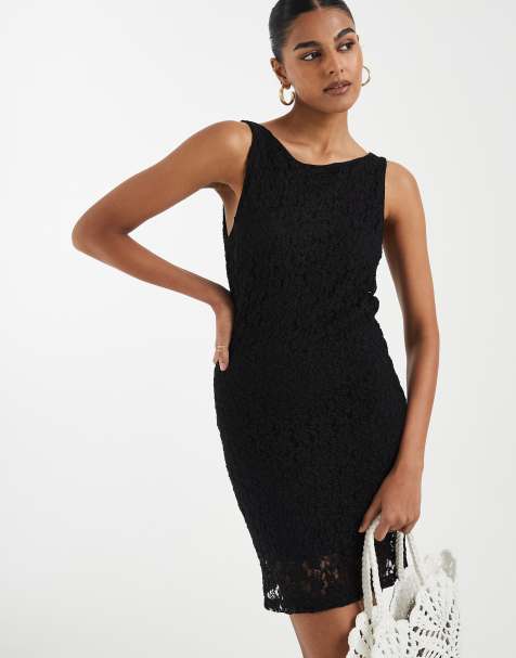 Vero Moda - Vestido corto negro sin mangas con cuello recto de encaje floral elástico - view 1