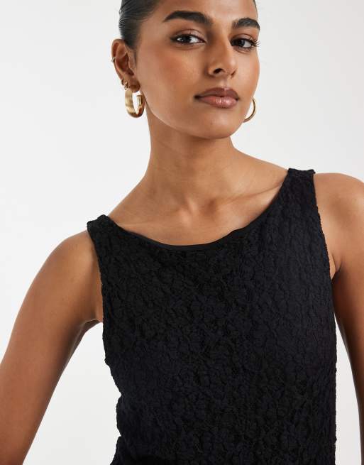 Vero Moda - Vestido corto negro sin mangas con cuello recto de encaje floral elástico, 3 de 4