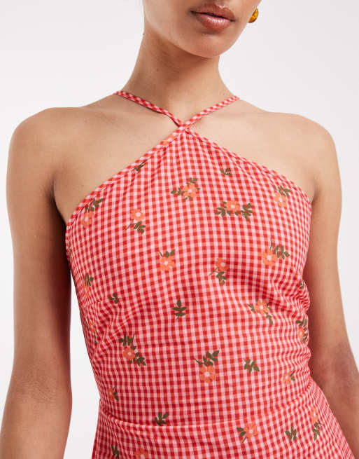 Vero Moda - Vestido largo a cuadros vichy rojos con estampado floral y cuello halter, 3 de 4