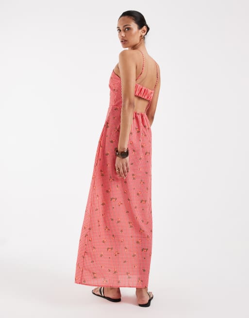 Vero Moda - Vestido largo a cuadros vichy rojos con estampado floral y cuello halter, 4 de 4