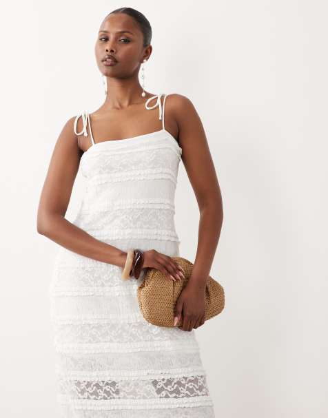 Vero Moda - Vestido largo blanco elástico con tirantes finos anudados de encaje floral - view 1