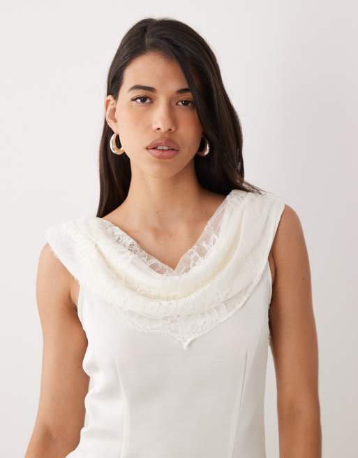 Vero Moda - Vestido largo color champán sin mangas de satén con detalle de encaje, 3 de 4