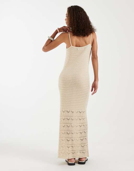 Vero Moda - Vestido largo color crema de tirantes de punto de croché, 3 de 4