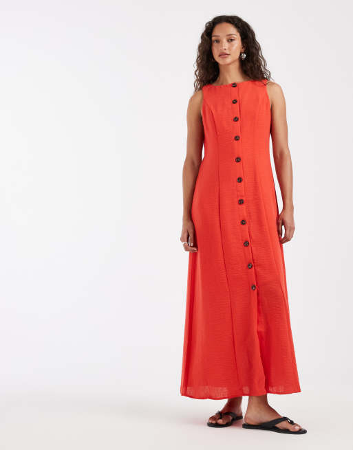 Vero Moda - Vestido largo rojo amapola con botones delanteros de tejido efecto lino, 2 de 4
