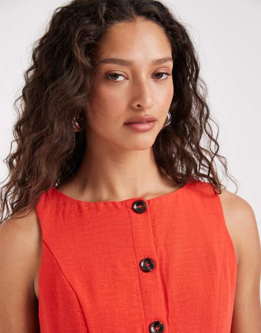 Vero Moda - Vestido largo rojo amapola con botones delanteros de tejido efecto lino, 3 de 4