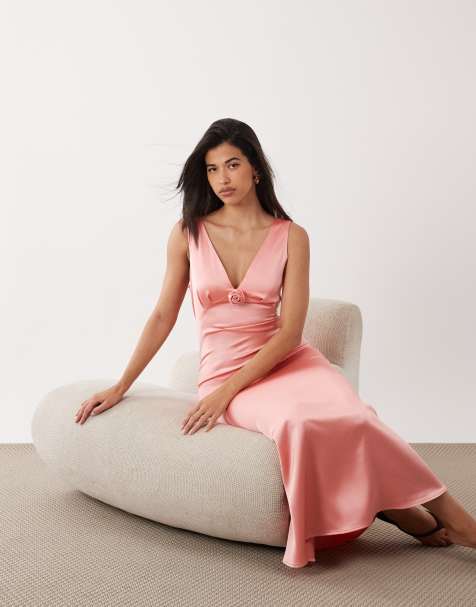 Vero Moda - Vestido largo rosa coral sin mangas de satén - view 1