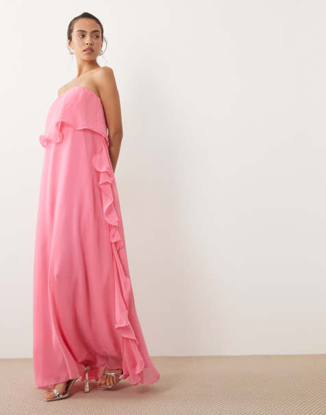 Vero Moda - vestido maxi bandeau de gasa con detalle de borde de volantes en rosa intenso - view 1