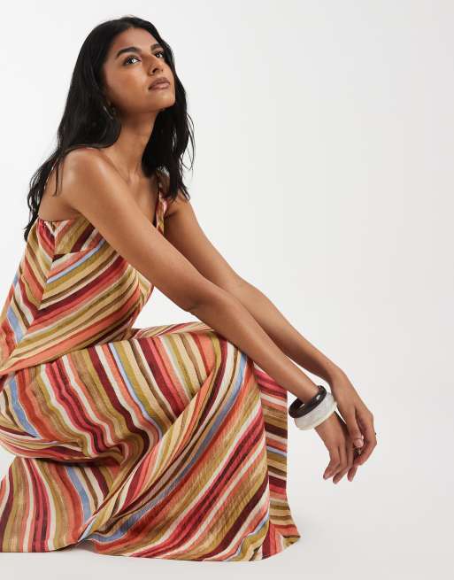 Vero Moda - Vestido midi a rayas multicolores de tirantes con patrón de chevrón