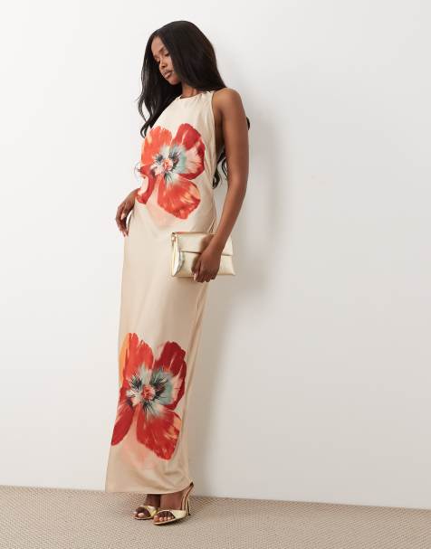 Vero Moda - Vestido midi dorado pálido sin mangas con espalda descubierta y estampado floral extragrande de satén - view 1
