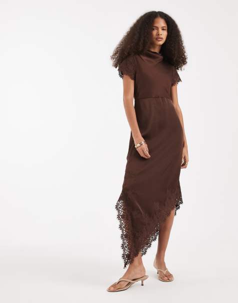 Vero Moda - Vestido midi marrón chocolate de tirantes de satén con ribete de encaje - view 1