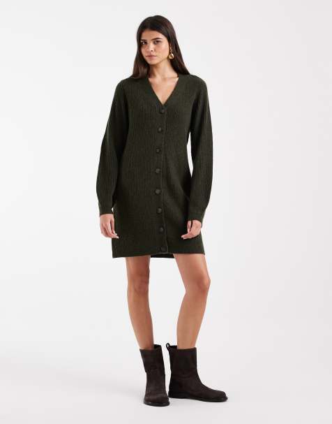 Vero Moda - vestido mini de punto con botones delanteros y mangas abullonadas en verde oscuro jaspeado - view 1