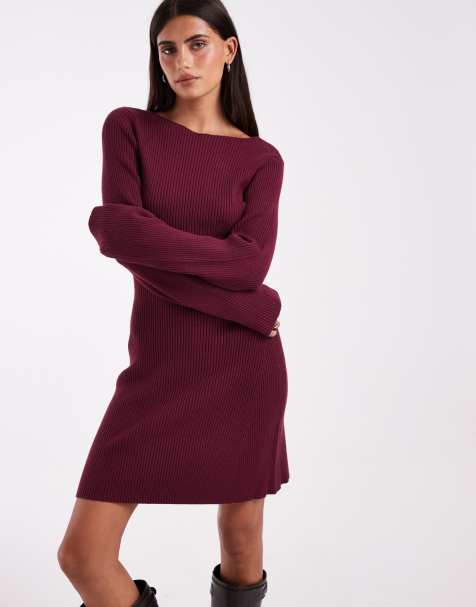 Vero Moda - vestido mini de punto con manga larga y cuello barco en burdeos - view 1