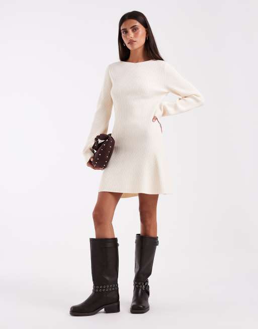 Vero Moda - vestido mini de punto con manga larga y cuello barco en crema, 2 de 4