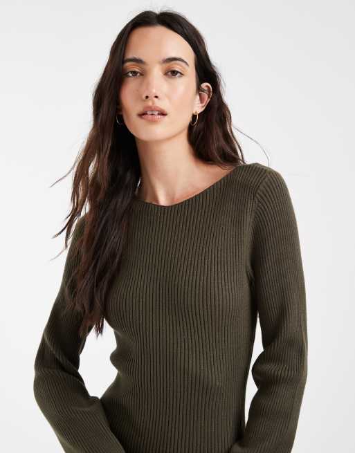 Vero Moda - vestido mini de punto con manga larga y cuello barco en verde oscuro, 3 de 4