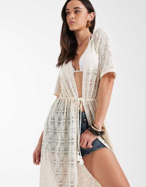 Vero Moda - Vestido playero largo color crema con lazada delantera de encaje elástico, 2 de 4