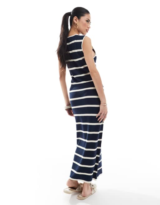 Vero Moda - Vestito alla caviglia in maglia di jersey blu navy a righe, 4 di 4