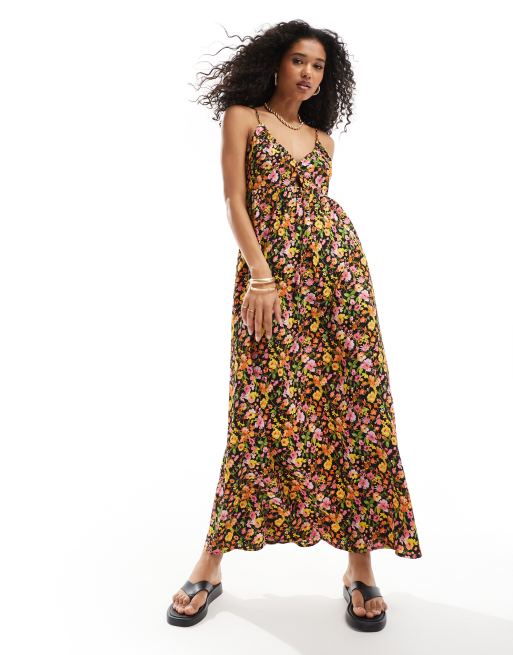 Vero Moda - Vestito con spalline sottili lungo nero con stampa a fiori e cut-out