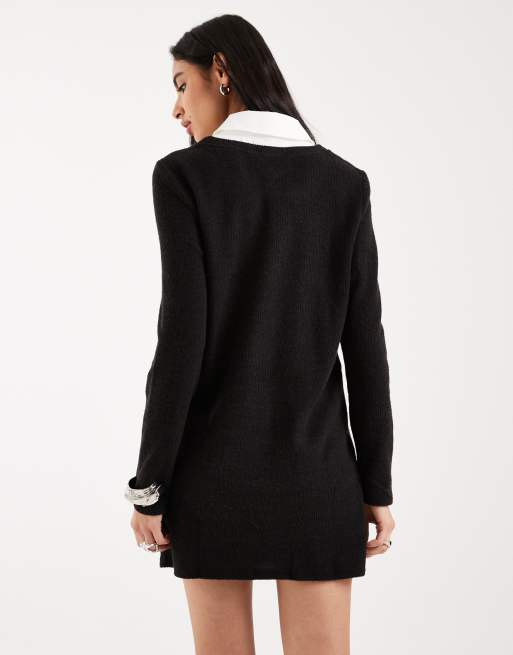 Vero Moda - Vestito corto 2 in 1 in maglia a maniche lunghe nero con colletto in popeline, 4 di 4