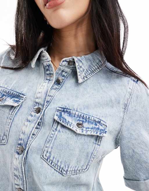 Vero Moda - Vestito corto a maniche corte in denim azzurro, 2 di 4