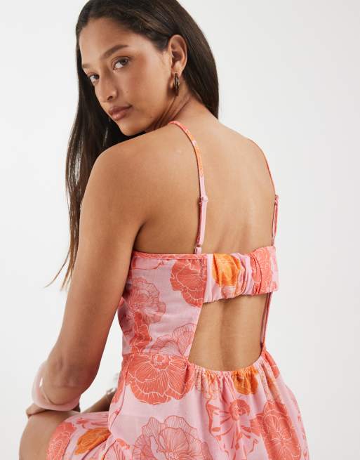Vero Moda - Vestito corto allacciato al collo con stampa a fiori rosa e arancione