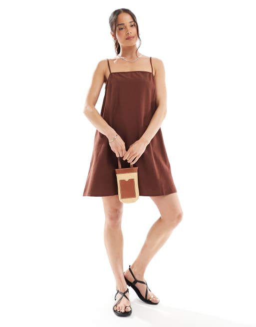 Vero Moda - Vestito corto effetto lino color cioccolato, 2 di 4