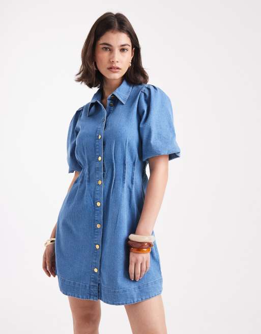 Vero Moda - Vestito corto in denim color blu medio con maniche a sbuffo e vita a pieghe