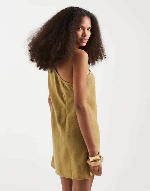 Vero Moda - Vestito corto monospalla effetto lino verde salice, 3 di 4