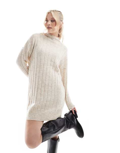Vero Moda - Vestito corto oversize in maglia color crema mélange a coste - view 1