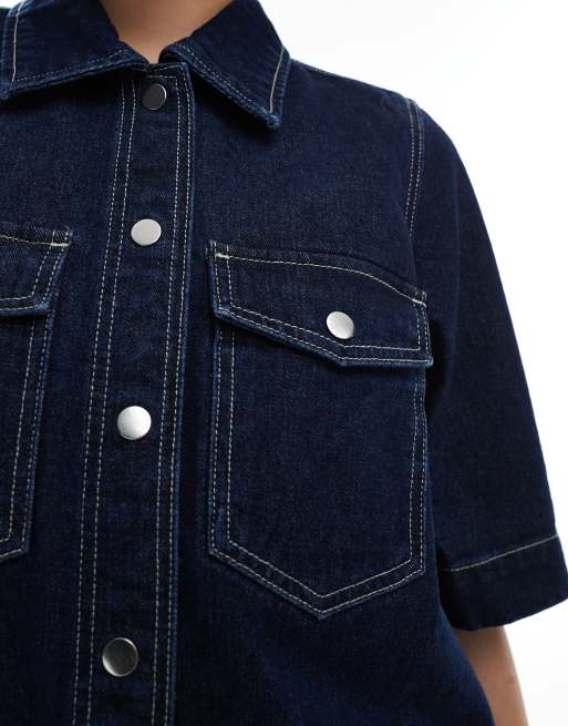 Vero Moda - Vestito di jeans a maniche corte oversize lavaggio blu scuro con bottoni sul davanti, 2 di 4