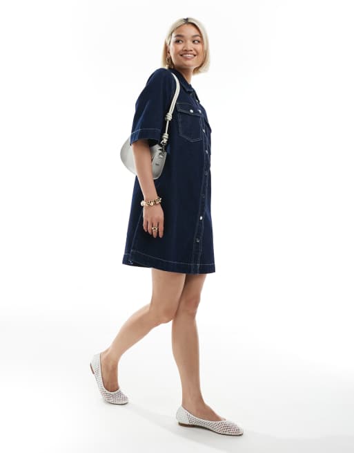 Vero Moda - Vestito di jeans a maniche corte oversize lavaggio blu scuro con bottoni sul davanti, 3 di 4