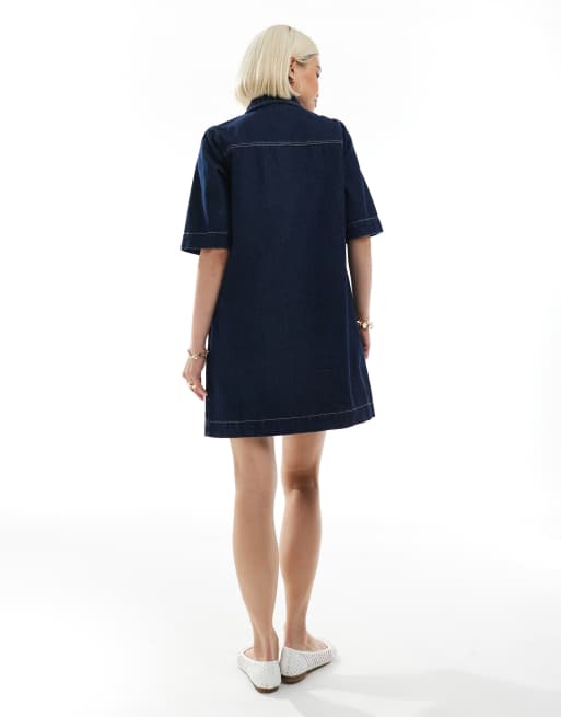 Vero Moda - Vestito di jeans a maniche corte oversize lavaggio blu scuro con bottoni sul davanti, 4 di 4