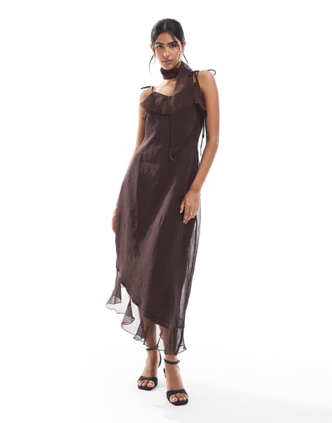 Vero Moda - Vestito in chiffon color cioccolato con sciarpa e fondo asimmetrico con volant - view 1