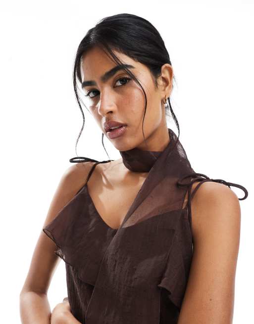 Vero Moda - Vestito in chiffon color cioccolato con sciarpa e fondo asimmetrico con volant, 3 di 4
