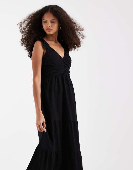 Vero Moda - Vestito lungo a balze in cotone nero arricciato con scollo profondo sul davanti, 2 di 4