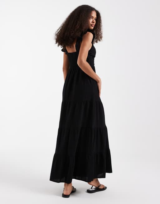 Vero Moda - Vestito lungo a balze in cotone nero arricciato con scollo profondo sul davanti, 4 di 4