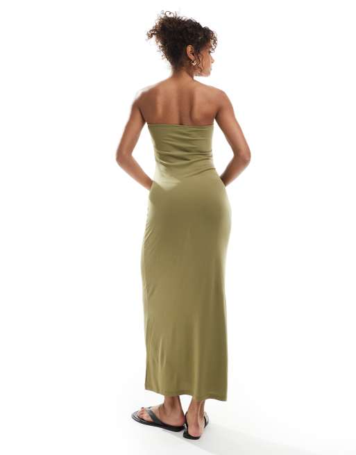 Vero Moda - Vestito lungo a fascia verde erba con arricciatura laterale, 4 di 4