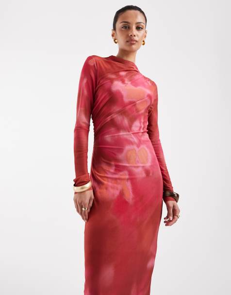Vero Moda - Vestito lungo a maniche lunghe drappeggiato in rete rosa e arancione con stampa marmorizzata - view 1