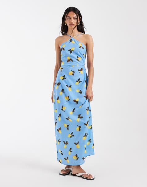 Vero Moda - Vestito lungo allacciato al collo blu con stampa di limoni - view 1