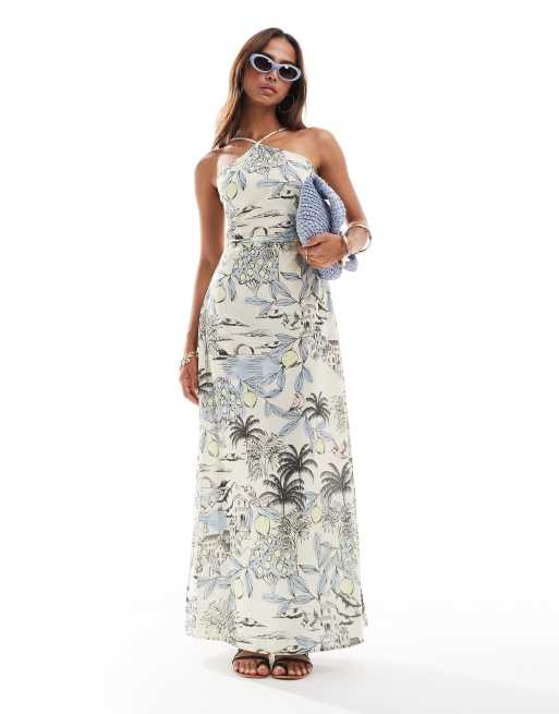 Vero Moda - Vestito lungo allacciato al collo con stampa di palme