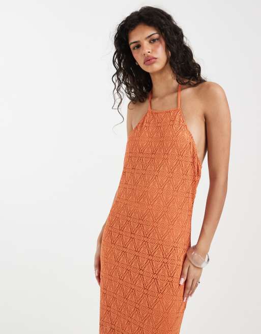 Vero Moda - Vestito lungo allacciato al collo in pizzo elasticizzato arancione, 3 di 4