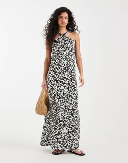 Vero Moda - Vestito lungo allacciato al collo nero con stampa fantasia e nodo, 2 di 4