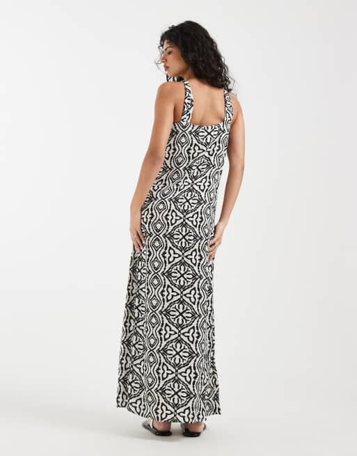 Vero Moda - Vestito lungo allacciato al collo nero con stampa fantasia e nodo, 4 di 4
