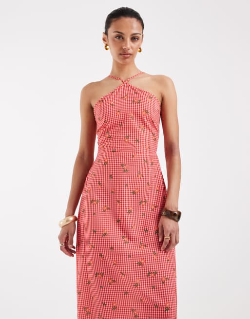 Vero Moda - Vestito lungo allacciato al collo rosso a quadretti e a fiori, 2 di 4