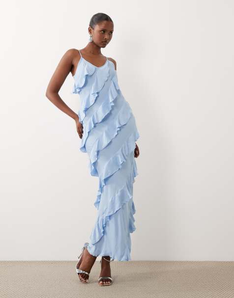 Vero Moda - Vestito lungo azzurro con spalline sottili e volant con taglio sbieco - view 1