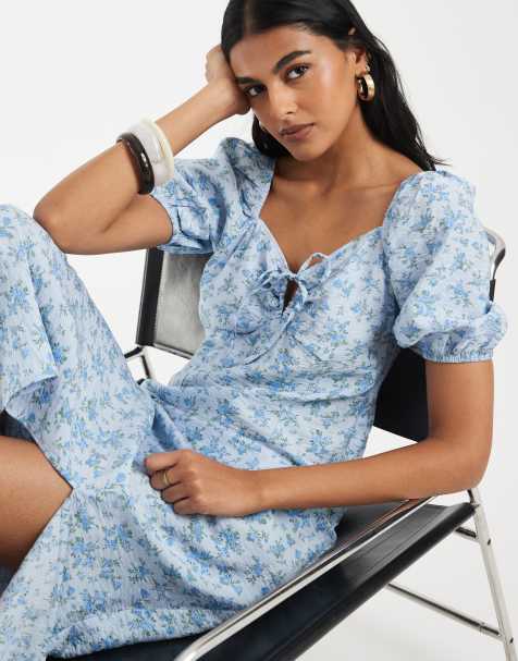 Vero Moda - Vestito lungo blu a fiori con maniche a sbuffo e allacciatura sul davanti - view 1