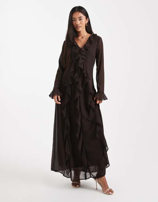 Vero Moda - Vestito lungo bohémien in chiffon con volant color cioccolato