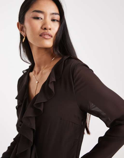 Vero Moda - Vestito lungo bohémien in chiffon con volant color cioccolato, 2 di 4