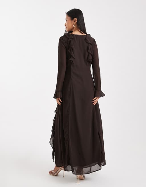 Vero Moda - Vestito lungo bohémien in chiffon con volant color cioccolato, 3 di 4