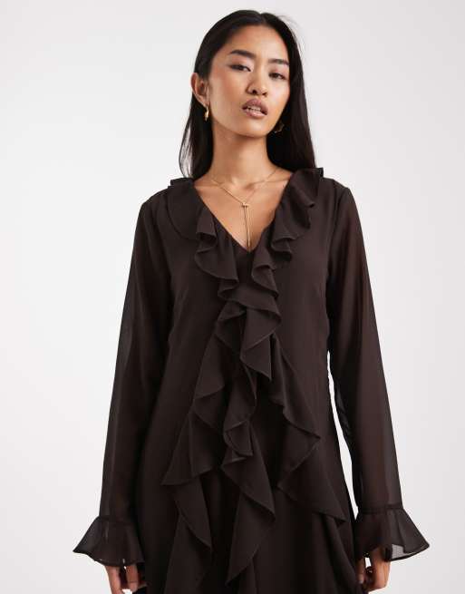 Vero Moda - Vestito lungo bohémien in chiffon con volant color cioccolato, 4 di 4