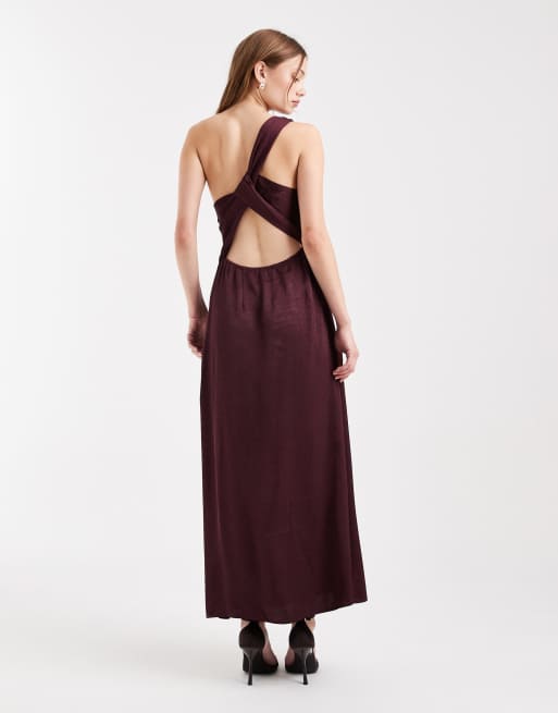 Vero Moda - Vestito lungo bordeaux in raso monospalla, 2 di 4